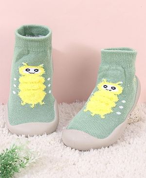 Cute Walk by Babyhug Solid Color Socks Shoe with Caterpillar Design - Green