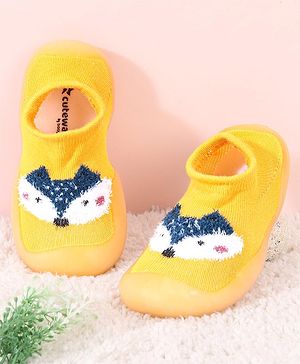 Cute Walk by Babyhug Solid Color Socks Shoe with Fox Design - Yellow