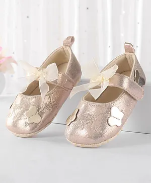 Cute Walk by Babyhug Velcro Closure Booties With Bow & Butterfly Applique - Golden