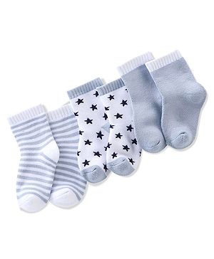 Cute Walk By Babyhug Anti Bacterial Cotton Rich Terry Socks Star Print Pack Of 3 - White & Grey