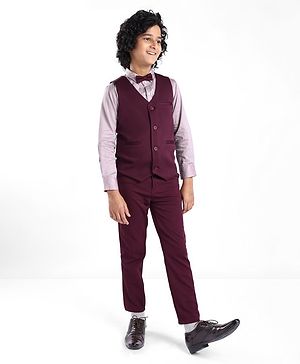 Pine Kids Full Sleeves Solid Color Party Suit With Bow - Wine
