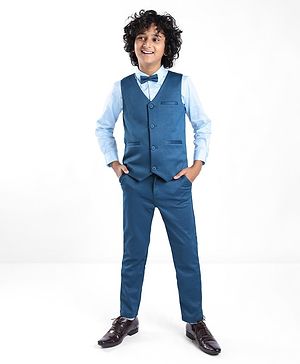 Pine Kids Full Sleeves Party Suit With Bow Solid Colour - Teal Blue