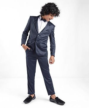 Pine Kids Full Sleeves 4 Pieces Party Suit With Bow Solid Colour - Navy Blue