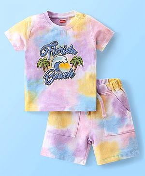 Babyhug Single Jersey Knit Half Sleeves T-Shirt & Shorts Set Tie and Dyed Text Print - Multicolor