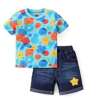 Babyhug Single Jersey Knit Half Sleeves T-Shirt & Denim Shorts Set With Geometrical Shapes Print - Blue