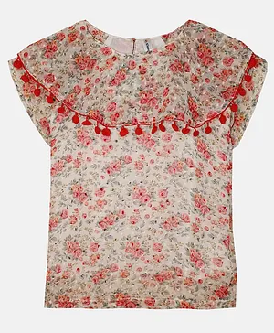 Kiddopanti Half Sleeves Floral  Printed & Pom Pom Lace Detailed Top  - White