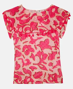 Kiddopanti Half Sleeves Abstract Printed & Pom Pom Lace Detailed Top - Pink