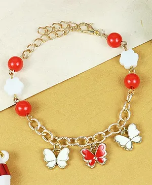 Asthetika Butterfly  Charm & Beaded Chain Bracelet - Red & White