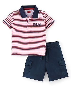 Babyhug Cotton Knit Half Sleeves Striped Polo T-Shirt & Shorts Set - Red & Navy Blue