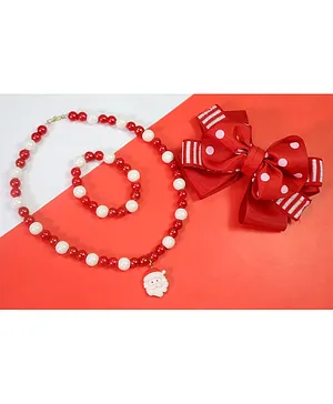 Kamule Christmas Theme Set Of 3      Santa Face Charm Necklace With Bracelet &  Bow Detailed Hair Clip - Red White