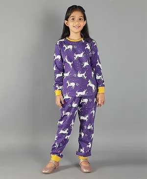 Ninos Dreams Full Sleeves Unicorn & Star Printed Coordinating Tee & Pajama Set - Purple