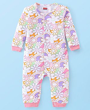 Babyhug 100% Cotton Knit Full Sleeves Floral Print Romper - Pink