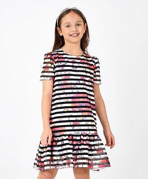 Primo Gino Half Sleeves Fit & Flare Frock Striped & Floral Printed - Off White & Black