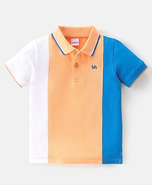 Babyhug 100% Cotton Knit Half Sleeves Polo T-Shirt With Embroidery Detailing - White Orange & Blue