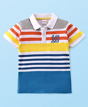 Babyhug 100% Cotton Knit Half Sleeves Stripes Polo T-Shirt  with Graphics - Multicolour