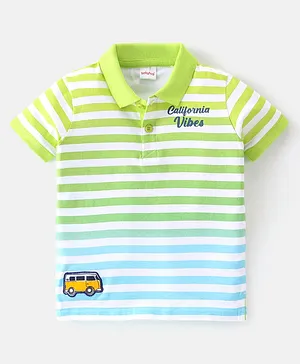 Babyhug 100% Cotton Knit Half Sleeves Polo T-Shirt With Striped & Van Patch - White Green & Blue