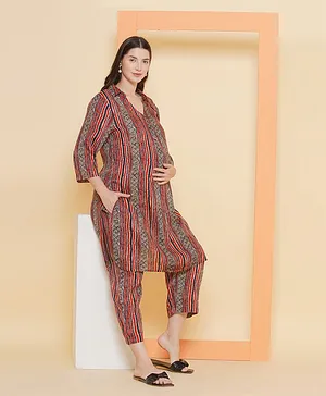 Mine4Nine Three Fourth Sleeves Abstract Striped Designed  Maternity Kurta Set With Nursing Access - Red