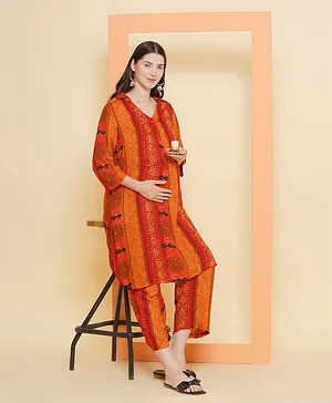 Mine4Nine Three Fourth Sleeves Abstract Printed   Maternity Kurta Set With Nursing Access - Orange