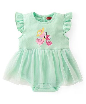 Babyhug 100% Cotton Knit Frill Sleeves Flamingo Printed Frock Style Onesie - Green