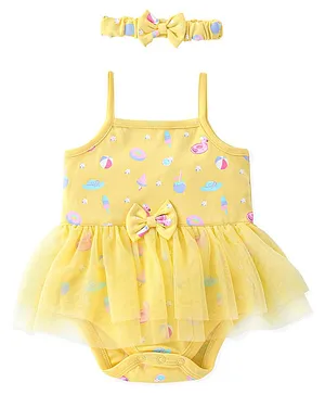 Babyhug 100% Cotton Interlock Knit Sleeveless Onesies with Hair Band Floral Print - Yellow