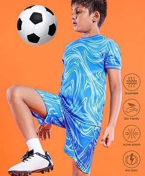 Pine Active Half Sleeves Knitted Athleisure T-Shirt & Shorts Set Marble Print - Blue