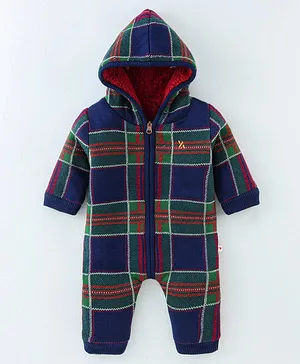 Yellow Apple Full Sleeves Winter Wear Checkered Romper with Hood - Navy Blue