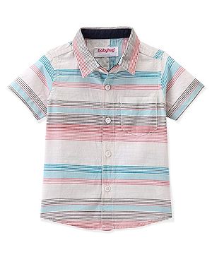 Babyhug 100% Cotton Woven Half Sleeves Mandarin Collar Stripe Shirt- Multicolour