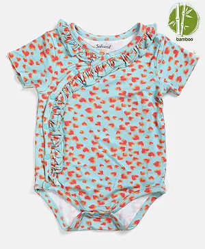 Softsens baby Half Sleeves Frill Detailed Abstract Hearts Printed Bamboo Onesie - Blue