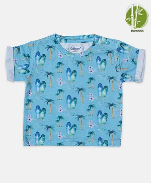 Softsens baby Half Sleeves Abstract Palm Trees & Flowers Printed Bamboo Tee - Blue