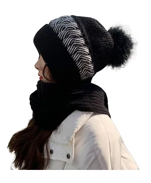SYGA Women Winter Knitted warm Hat with Scarf Ear Protection Woolen Hat Pompom Winter cap - Black
