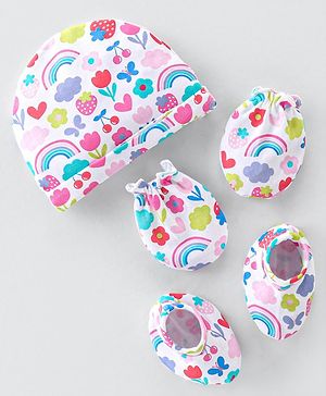 Babyhug 100% Cotton Knit Cap Mittens & Booties  Rainbow Print White - Diameter 11.5cm