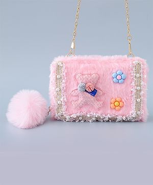 Babyhug Sling Bag with Teddy Applique & Fur Zipper - Pink