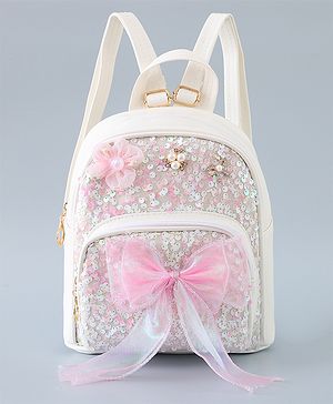 Babyhug Fashion Backpack with Flower & Bow Applique - White