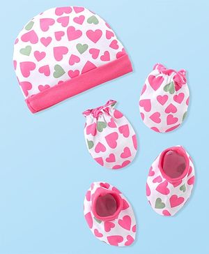 Babyhug 100% Cotton Knitted Cap Mittens & Booties with Heart Print- Pink
