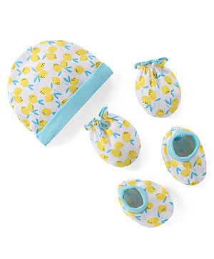 Babyhug 100% Cotton Cap Mittens And Booties Fruit Print -Yellow
