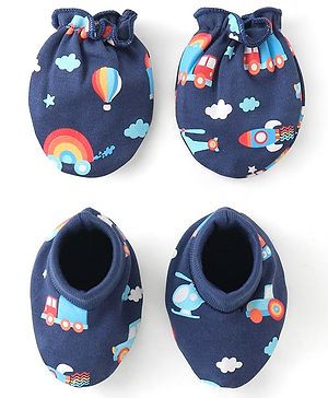 Babyhug 100% Cotton Knit Mittens & Booties Set Hot Air Balloon Print - Navy Blue
