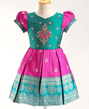 Enfance Half Sleeves Floral Beads Embellished & Ethnic Motif Printed  Flare Silk Dress - Pink