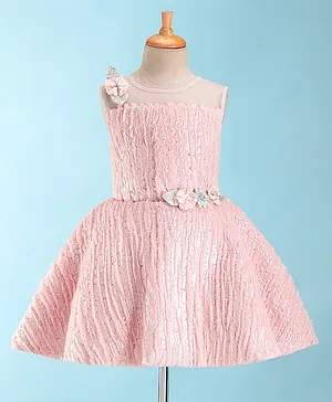 Enfance Sleeveless Floral Applique Flared Dress - Peach