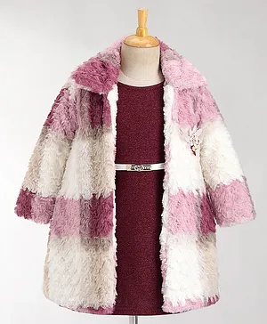 Enfance Full Sleeves  Fur Detailed Checked Coat With Shimmer  Embellished Flare Dress - Maroon
