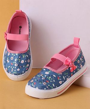 Cute Walk by Babyhug Slip On Casual Shoes With Bow Applique & Floral Print- Blue (Sole Line May Very)