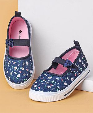 Cute Walk by Babyhug Slip On Casual Shoes With Bow Applique & Floral Print- Navy Blue (Sole Line May Very)