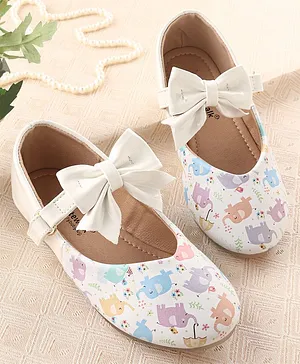 Cute Walk by Babyhug Belly Shoes with Elephant Print & Bow Applique - White