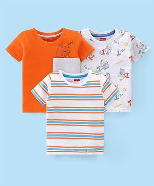 Babyhug 100% Cotton Knit Half Sleeves T-Shirt Stripes & Tiger Graphics Pack Of 3 - Multicolor