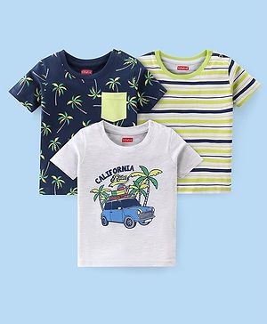 Babyhug 100% Cotton Knit Half Sleeves T-Shirt Stripes & Car Graphics Pack Of 3 - Multicolor