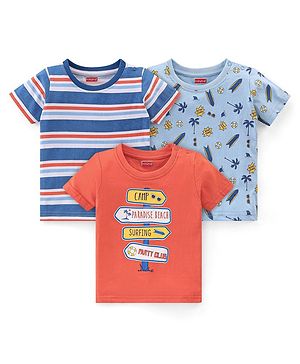 Babyhug Cotton Knit Half Sleeves Striped T-Shirts with Beach Print Pack of 3 - Red & Blue