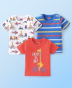 Babyhug Cotton Knit Half Sleeves Striped T-Shirts Giraffe Print Pack of 3 - Red White & Blue