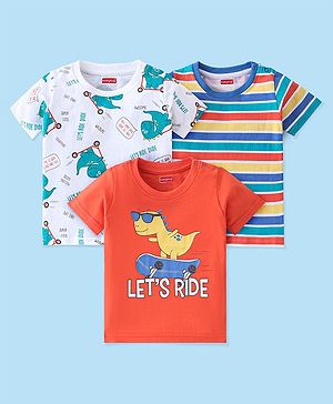 Babyhug Cotton Knit Half Sleeves T-Shirts Dino Graphic Print & Striped Pack of 3 - Red
