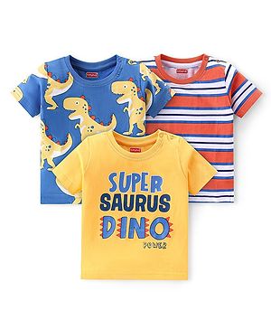 Babyhug 100% Cotton Knit Half Sleeves T-Shirt With Text & Dino Graphics Pack Of 3 - Yellow Blue & Red
