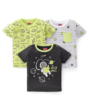 Babyhug 100% Cotton Knit Half Sleeves T-Shirt With Space Graphics Pack Of 3 - Green Black & White