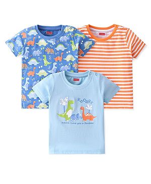 Babyhug 100% Cotton Knit Half Sleeves T-Shirt With Dino Graphics  & Striped Pack Of 3 -Blue & Orange